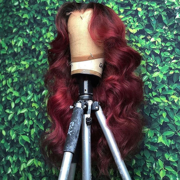 Fabulous Color ! Natural Black Roots Burgundy Loose Wave Virgin Hair Lace Frontal Wig