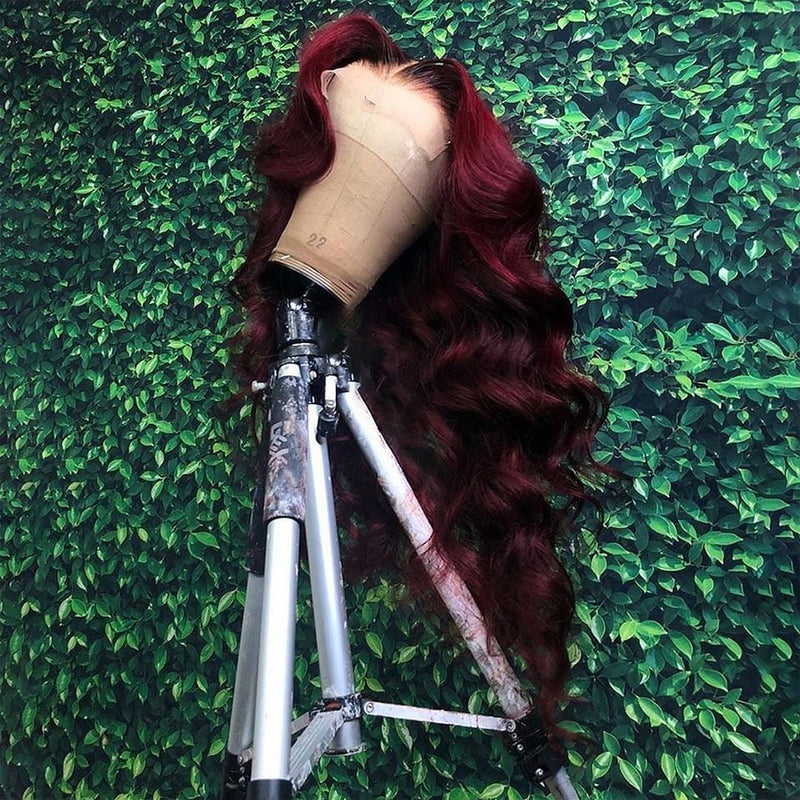 Fabulous Color ! Natural Black Roots Burgundy Loose Wave Virgin Hair Lace Frontal Wig