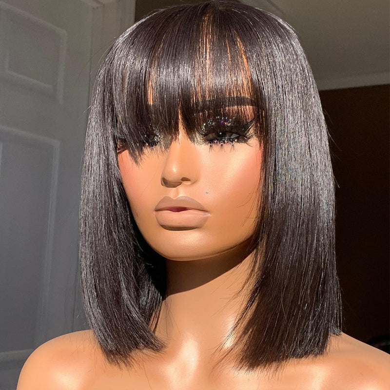 College Students Short Cut Straight Bob With Bangs Lace Frontal Wig
