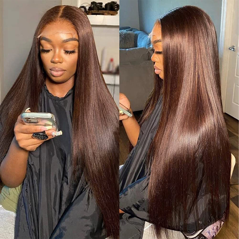 Caramel Brown Straight Human Hair Lace Frontal Wig Middle Part