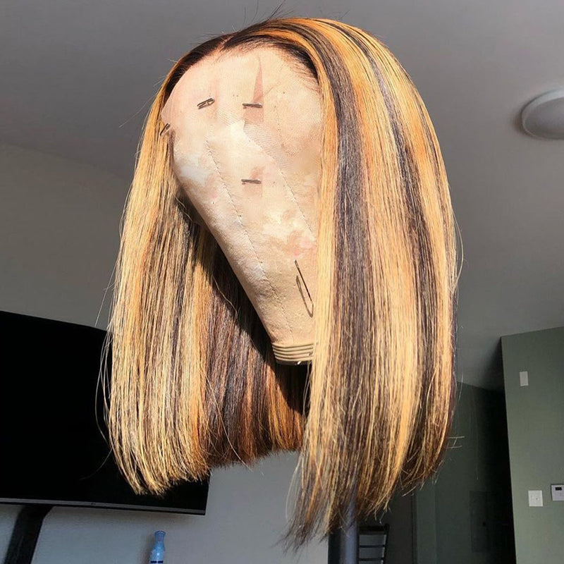 Piano Highlight Straight Bob Cut Full End Lace Frontal Wig