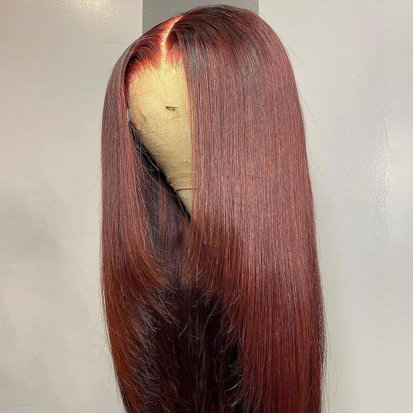 Burgundy Wine Inner Buckle Straight Lace Frontal Wig 200% Density