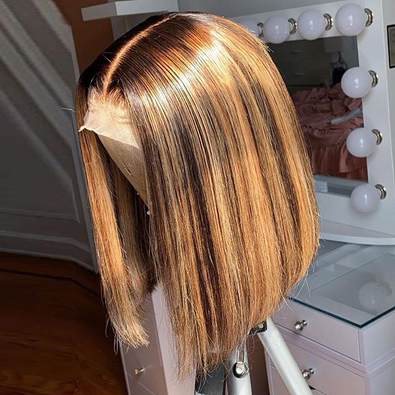 Piano Highlight Straight Bob Cut Full End Lace Frontal Wig