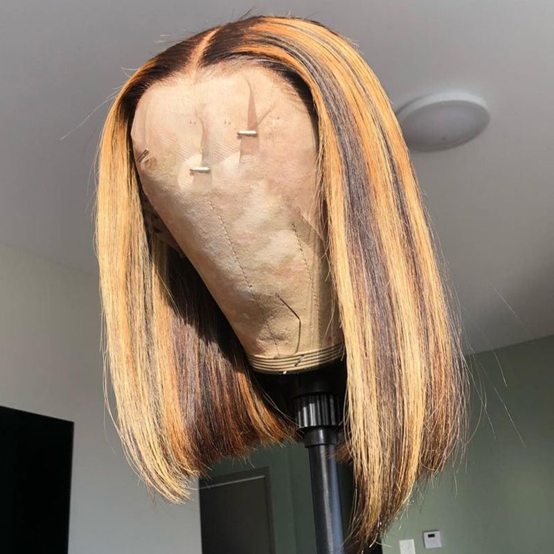 Mix Color Highlight Straight Bob Cut Full End Lace Frontal Wig