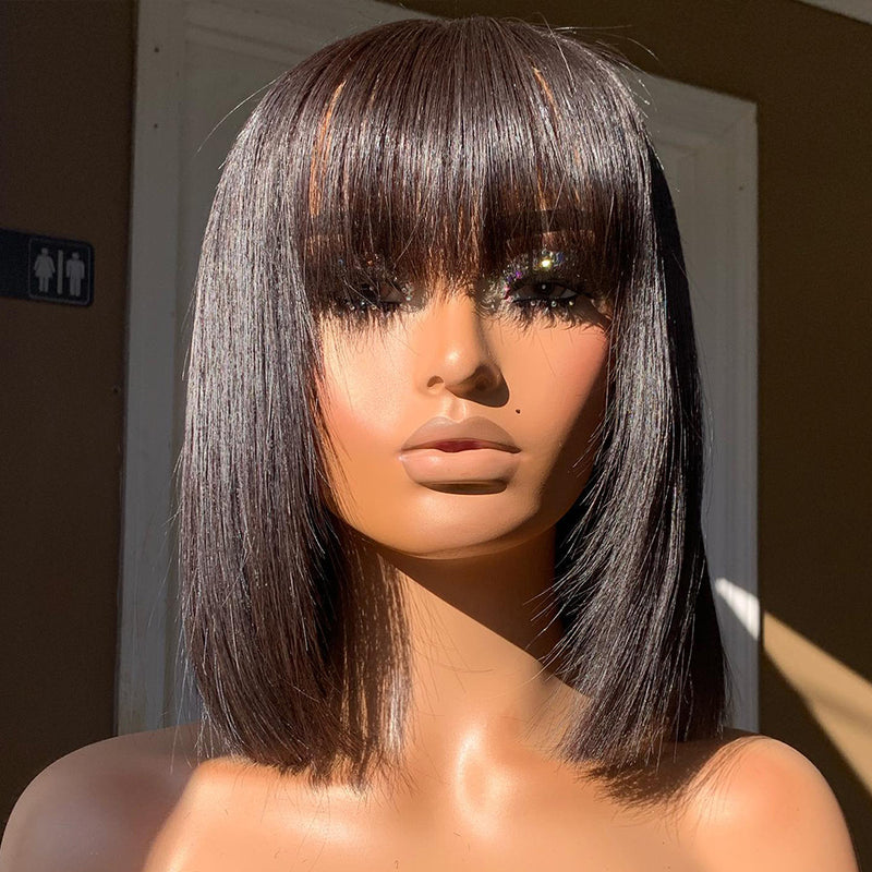 College Students Short Cut Straight Bob With Bangs Lace Frontal Wig