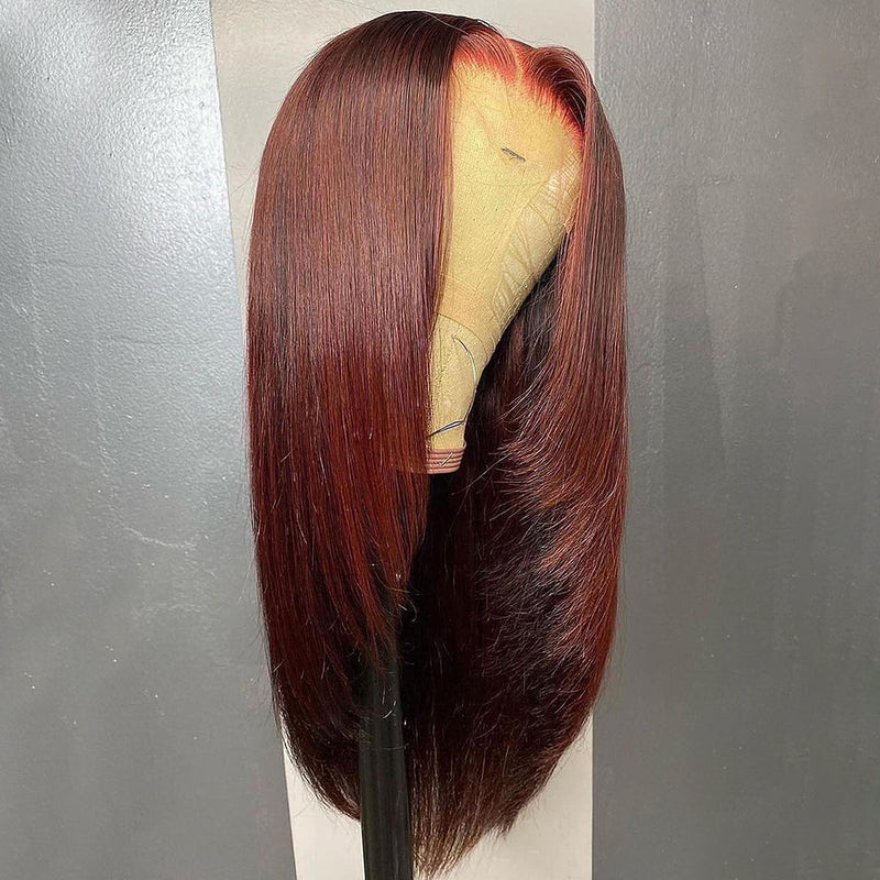 Burgundy Wine Inner Buckle Straight Lace Frontal Wig 200% Density