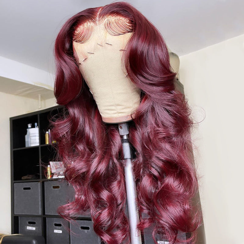 Plum Color Loose Wave Virgin Hair Lace Frontal Wig